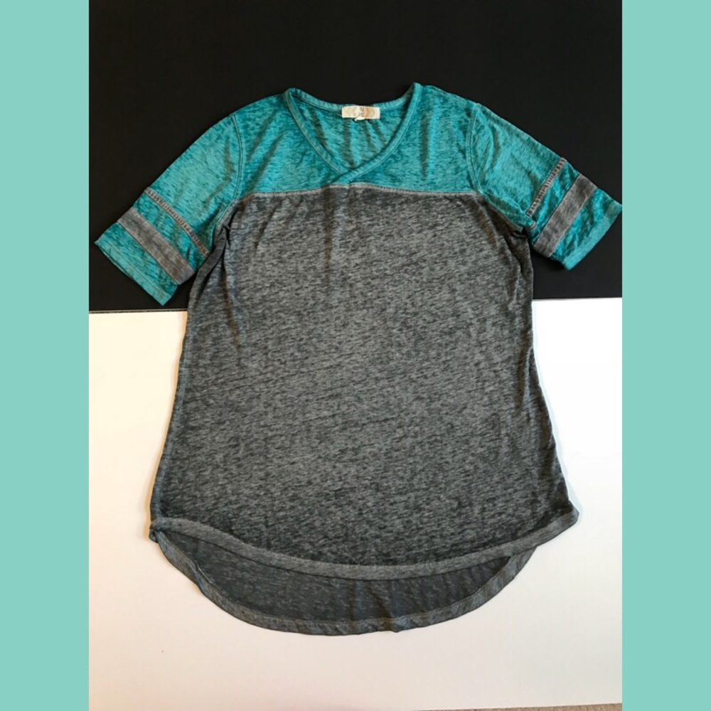 heather grey & teal varsity-style tee